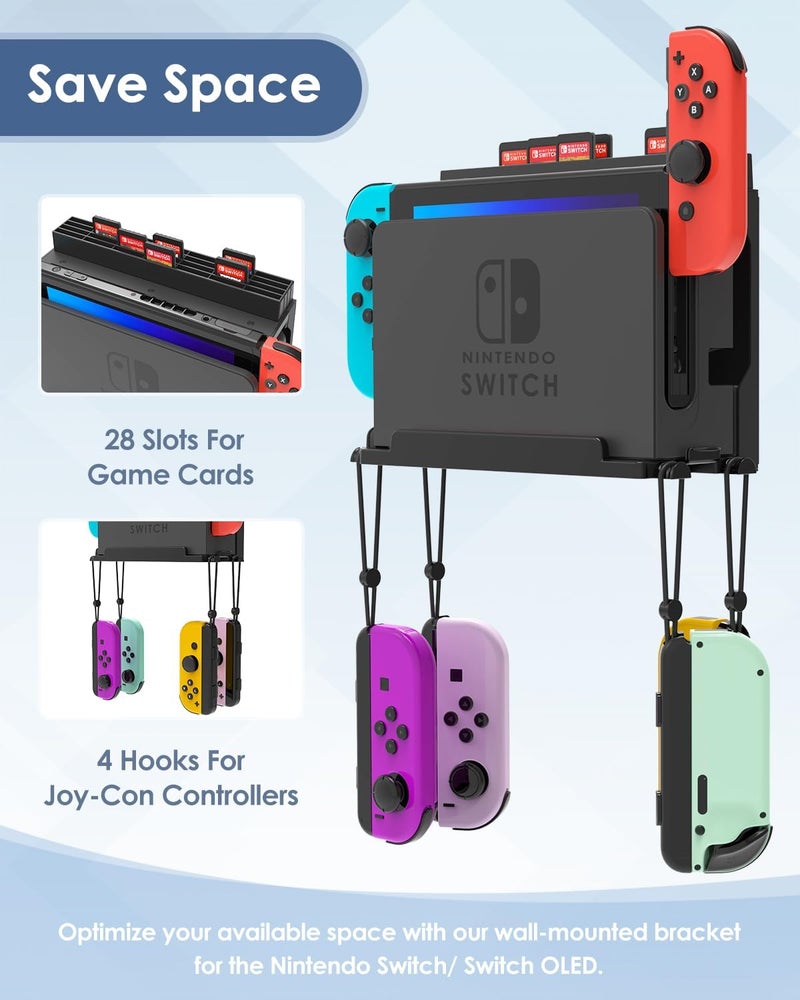 Nargos Wall Mount for Nintendo Switch and Switch OLED with 28 Game Card Holders and 4 Joy Con Hooks, Organize Switch Console Behind TV, Ideal Gift for Gamer, Black - Image 3
